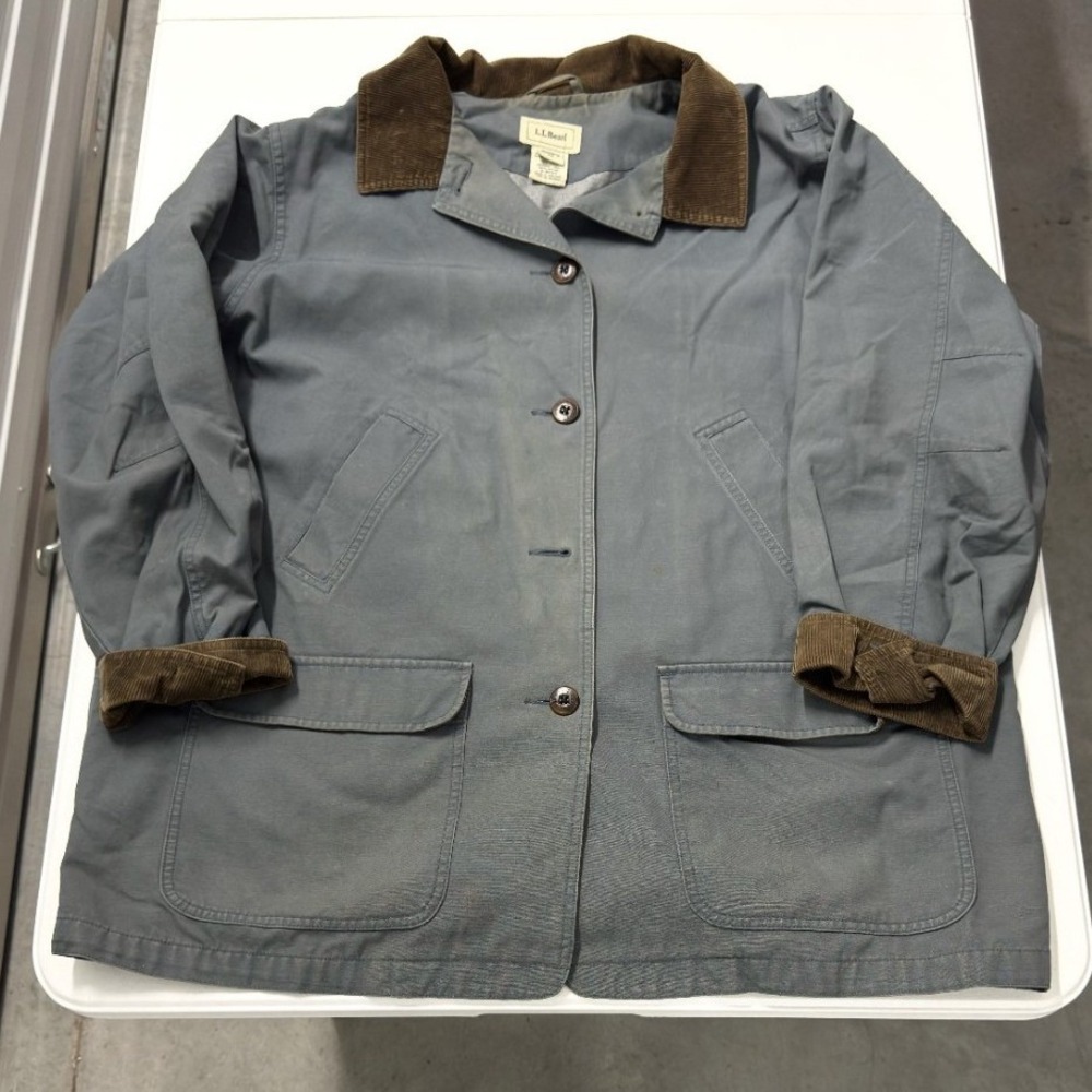 LL Bean Field Coat Canvas Barn Jacket Slate Blue Corduroy Trim womans 2XL